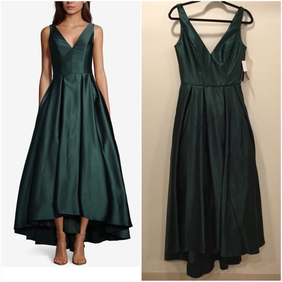 betsy and adam satin fit and flare gown